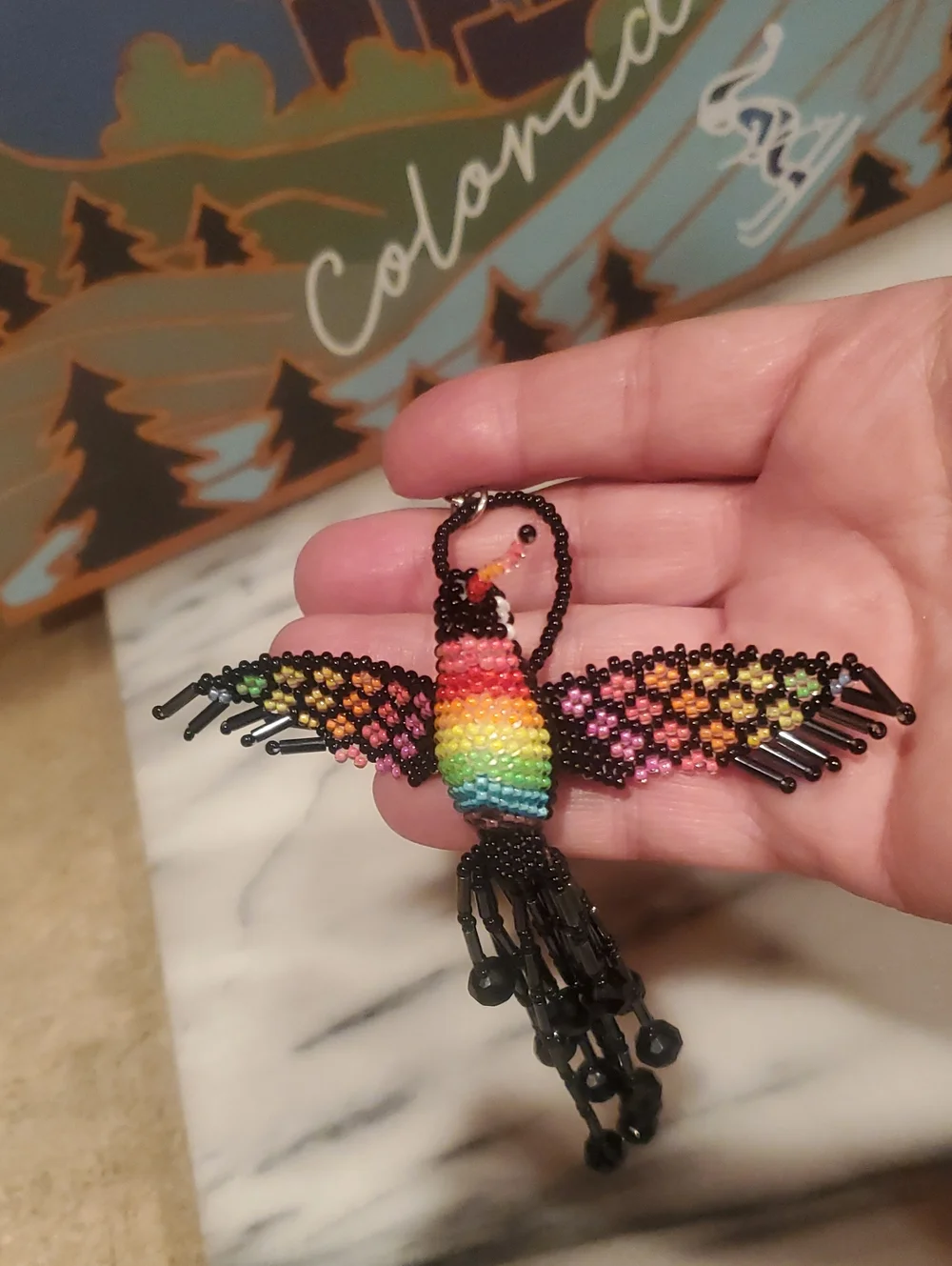 Handcrafted Rainbow Beaded Bird Keychain- Black Accents